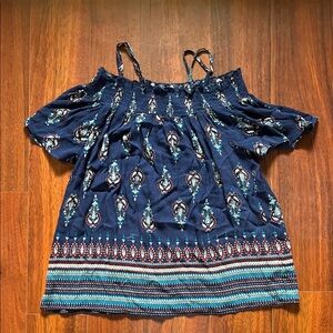 Lily White Navy Blue Paisley Cold-Shoulder Top